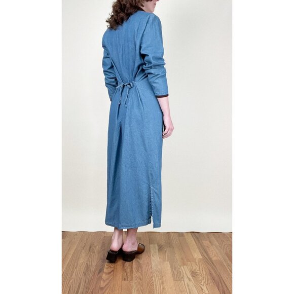 Vintage Denim Jean Midi Maxi Dress Pleated Long Duster Jacket Coat Cottagecore - Picture 7 of 10